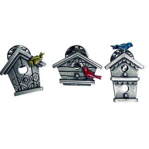 Set Of 3 Jonette Jewelry Silver Tone & Enamel Bird House Lapel Pins (5842)